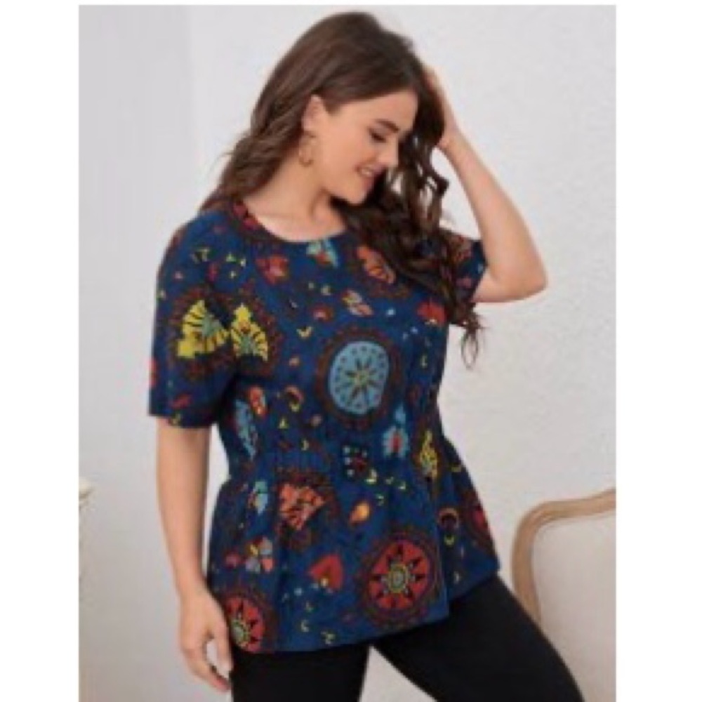 Blue Black Short Sleeve peplum office blouse